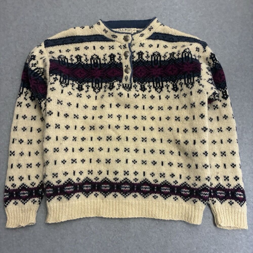 Women’s LL Bean Wool Fair Isle Nordic Sweater USA Made Henley Pullover M